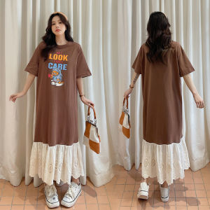 Summer Belly Covering over-the-Knee Embroidered Lace Patchwork Big Hemline Long dress Plus size Loose Fat MMT Shirt Layered dress