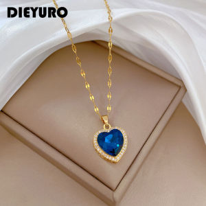 DIEYURO 316L Stainless Steel Heart Big Blue Zircon Pendant Necklace For Women Girl Fashion Clavicle Chain Jewelry Birthday Gift
