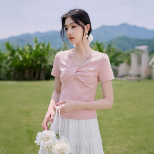 XIANGYING | Pink Bowknot V-Neck Casual T-Shirt Top
