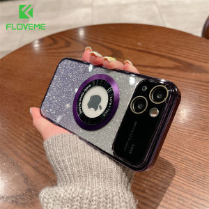 FLOVEME Luxury Plating Gradient Glitter Large Window Phone Case For iphone 14 13 12 Pro Max 14 Plus Logo Hole Wireless Charging PC Back Cover For iphone 14 13 12