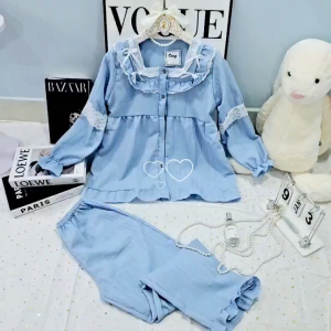 Đồ bộ nữ pijama mặc nhà tiểu thư phối ren bèo chất đũi gânmềm mát tay dài quần dài mặc thu đông