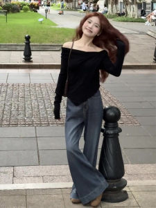 กางเกงยีนส์ทรงหลวมเอวสูงสีน้ำเงินเข้ม กางเกงขายาวทรงตรงสำหรับผู้หญิง ฤดูใบไม้ร่วง 2024 กางเกงขายาวทรงตรงทรงหลวมสำหรับผู้หญิง