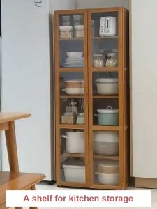 Bamboo Storage Cabinet Kitchen Cabinet Transparent Door Panel Large Capacity Strong Load-bearing Capacity Mga Locker