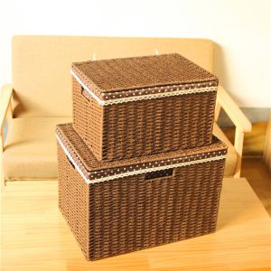 Large Size Woven Storage Box Covered Artificial Rattan Basket Clothing Accessories Organizer Japanese Style Home Storage Bin