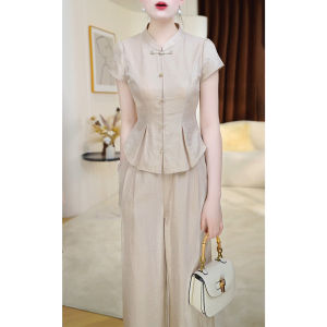 GUBODUO | Slenderizing High-end Pure Color New Chinese Style Thin Short Sleeve Trousers Set