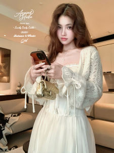 Acaine Pure Color Long Sleeve V-Neck Hollow out Knitted Open Cardigan Womens Autumn Outerwear Layering Elegant Top