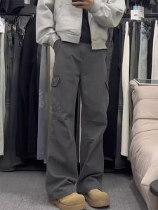กางเกงขายาวทรงตรงสีเทาสไตล์อเมริกันย้อนยุคสำหรับผู้ชาย กางเกงขายาวทรงลำลองหลายกระเป๋า กางเกงขายาวทรงลำลองน้ำหนักเบาสำหรับฤดูใบไม้ผลิและฤดูใบไม้ร่วง