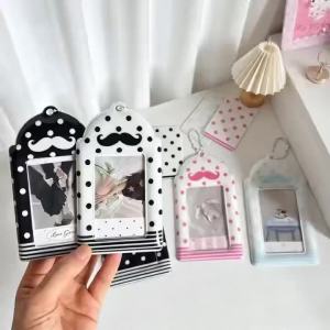 1-2PCS Polka Dot Mustache Card Holder 3 Inch Polaroid Kpop Photocard Protector School Meal Card Storage Sleeve Pendant