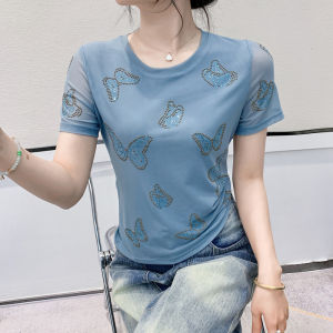 Yimei 2025 dáng ôm mới lưới định vị dập nóng T-Shirt thời trang khí chất cổ tròn tay ngắn cỡ lỡn áo thanh lịch