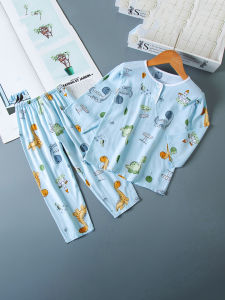 Summer Childrens Silk Pajamas Artificial Cotton Thin Home Clothes Set for Boys And Girls Cute Cartoon Print Breathable Cool Feeling