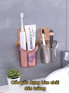 Combo 2 cốc Gấu Dán Tường Để Bàn Chải Đánh Răng Hình Gấu Có Lỗ Thoát Nước Tiện Lợi