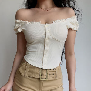 Beran Retro Cute Young Adult Single-Breasted Wooden Ear Circular Lower Hem Slim Fit Slim Looking Solid Color Short Sleeve T-shirt Top