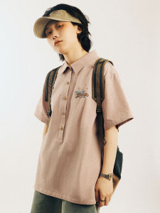 Ashita Stu Japanese Style Printed Cotton Polo Shirt Women Summer Loose Casual Short Sleeve Shirt Pure Color Creative Design