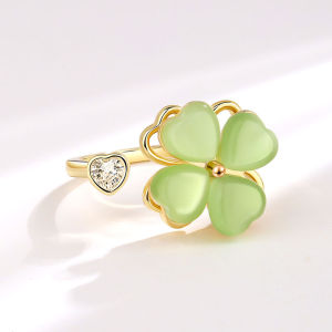 Fashion New Arrival Rotatable Green Opal Four-Leaf Clover Ring Female Ins Style Easiest for Match Fashion Ring Opening