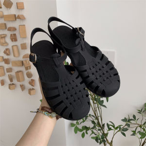 Retro Roman Woven Flat Bottom Sandals Women Summer Fairy Style Jelly Shoes Fashionable Versatile Outdoor Slippers
