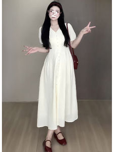 plus Size Womens Dress Gentle Style V-Neck Pleated Waist Lantern Sleeve Summer Slimming Long Dress A-Line Skirt Short Sleeve