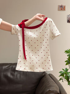 Korean Style Red Heart Polka Dot Shoulder Bared Butterfly Knot Pure Desire Short Sleeve T-Shirt Women Summer Tie Waist Slim Fit Top