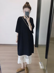 ฤดูใบไม้ผลิ ฤดูร้อน แฟชั่น ลูกไม้ เสื้อยืด Hookwork เดรส และครึ่ง กระโปรง ชุด ผู้หญิง สไตล์ลำลอง หลวม เอว Midi แขนสั้น เดรส