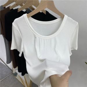 Áo Thun Cổ Tròn Mỏng Màu Trơn Mùa Hè Áo Thun Tay Ngắn Ôm Vừa Vặn Thời Trang Nữ Phong Cách Hàn Quốc Thường Ngày