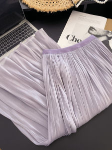 PAIBOLI | Summer Shiny Silk Large Size Half Skirt Womens Pleated Pearl Glowing A-Line Skirt Slimming Belly Covering Korean Style Long Sleeve