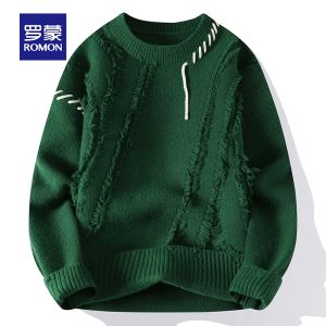 ROMON | Red Thickened Round Neck Knitted Sweater For Men By Romon Fashionable Winter Casual Wear Suitable For The Year Of The Dragon