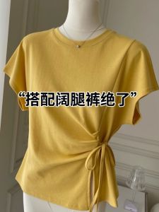 Summer Womens T-shirt Design Sensation Small Flying Sleeve Belted Short Sleeve Split Shoulder Fashionable Unique New Arrival