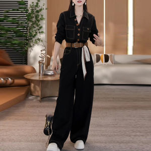 Shalldoer | Retro Elegant Long Sleeve One-Piece Suit For Women Autumn New Design Slimming Straight Leg High Waist Casual Style T-Shirt
