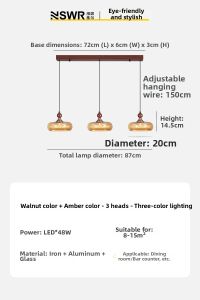 NSWR | Vintage Modern Style Amber Glass 3 Heads Dining Chandelier