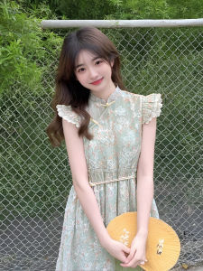 New Chinese Style Floral Print Dress Modified Version Zen Flying Sleeve Fake Two-Piece Cheongsam Skirt Women Summer New National Style Skirt