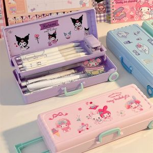 LVYIMAO Kuromi Pencil Case Girl Sanrio Double-layer Trolley Case Pencil Case Childrens Female Primary School Student Multifunctional Pencil Case
