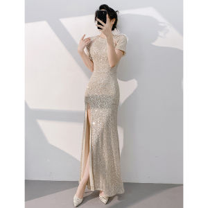 Champagne Gold New Style High-end Elegant Glitter Fish Tail Evening Dress