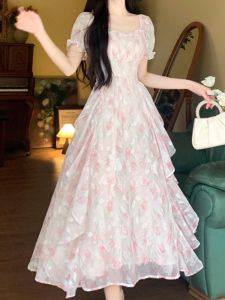 Summer French Style Floral Print Square Collar Maxi Dress Womens A-Line Skirt Slimming Waist Design Fairy Elegant Long Dress