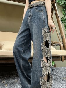 Butterfly Hollow out Design Embroidered Loose Womens Jeans Spring Autumn High Waist Straight Leg Long Pants Harajuku Style