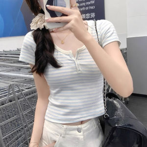 เสื้อยืดแขนสั้นผู้หญิง ทรงสลิมฟิต ทรงเข้ารูป ลายทาง ทรงปกติ คอกลม แฟชั่นฤดูร้อน เสื้อผ้าทำงาน คอตตอนผสมโพลีเอสเตอร์