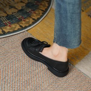 British Style round Toe Womens Flats Deep Mouth Soft Bottom Genuine Leather Shoes Fall Season New Fashion Tassel Butterfly Knot