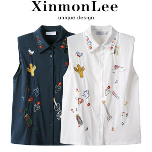 XinmonLee French Elegant Sweet Spicy Stitched POLO Neck Sleeveless Shirt Summer Padded Shoulder Top Womens Fashion Casual Wear