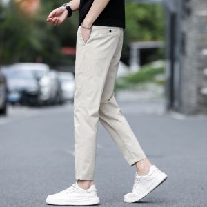 ROMON | Lormen Mens Casual Pants Summer Thin Business Straight Leg Ice Silk Beige Nine-Tenths Long Pants Fashionable Urban Style
