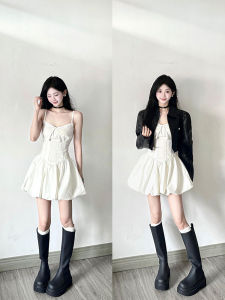 French Pure Desire White Strapless Short Dress Womens Waist Cinching Flower Bud Skirt Autumn New Style Commute Korean Version