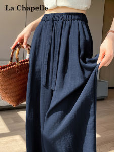 La Chapelle | Navy Silk-Like Summer Loose Comfortable High-Waisted Straight Leg Trousers