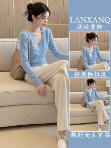 Autumn Fashion Set Small Fragrance Style Wide Leg Pants Korean Drama Main Female Two Piece Set High Waist H Version Long Sleeve