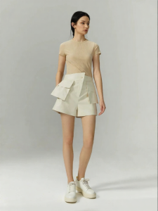 Summer High Waisted Casual Shorts with 3D Pockets and Almond Color Texture PU Leather