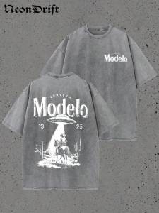Retro Modelo 1925 Cerveza T Shirt Men Washed Cotton Oversized UFO Cowboy Graphic Tee Casual Streetwear Summer Short Sleeve