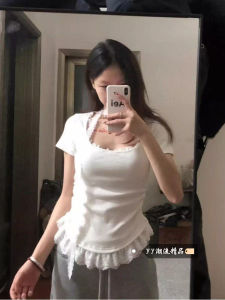Sweet And Spicy Lace Splice Short Sleeve T-Shirt Slim Fit Waist Drawstring Casual Top Korean Style Commute Fashion Autumn New Arrival