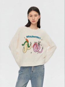 URLAZH | Spring White Handmade Embroidered Crewneck Loose Shoulder Wool Sweater