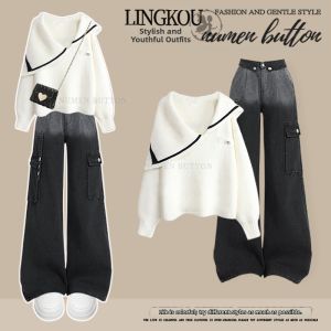 NUMEN BUTTON | Large Size Autumn Korean Style Elegant School Wear Reducing Age Knit Hoodie Vintage Overalls Set