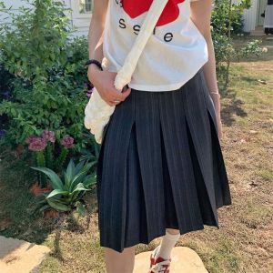 Gray Plaid Midi Skirt Womens High Waist Design Sense Pleated A-Line Mini Skirt Korean Style Commute Stripe Pattern
