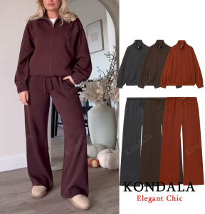 KONDALA Women Fall Elegant Minimalist Pant Set Stand-up Collar Zipper JacketDrawstring Pant  2025 Autumn Casual Lady Retro Set