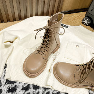 Womens Martin Boots Soft Bottom Brown Thick Heel Short Autumn Winter Genuine Leather Shoes British Style Cross Buckle Short Boots