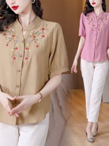 Cotton and Linen Shirt Womens Short Sleeve Summer Clothes New Arrival Ladieswear Anti-Aging Fashion Shirt Loose Ramie Embroider Tops Plus Size