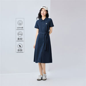 Gardenia Summer New Cotton Embroidered Belted Collared Short Sleeve Dress Womens City Style Adjustable Waist Pure Cotton Dress